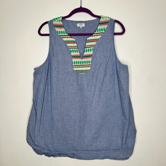 Crown & Ivy Womens Top Embroidered Trim V Neck Size XXL Sleeveless Blue Normcore - Picture 1 of 5